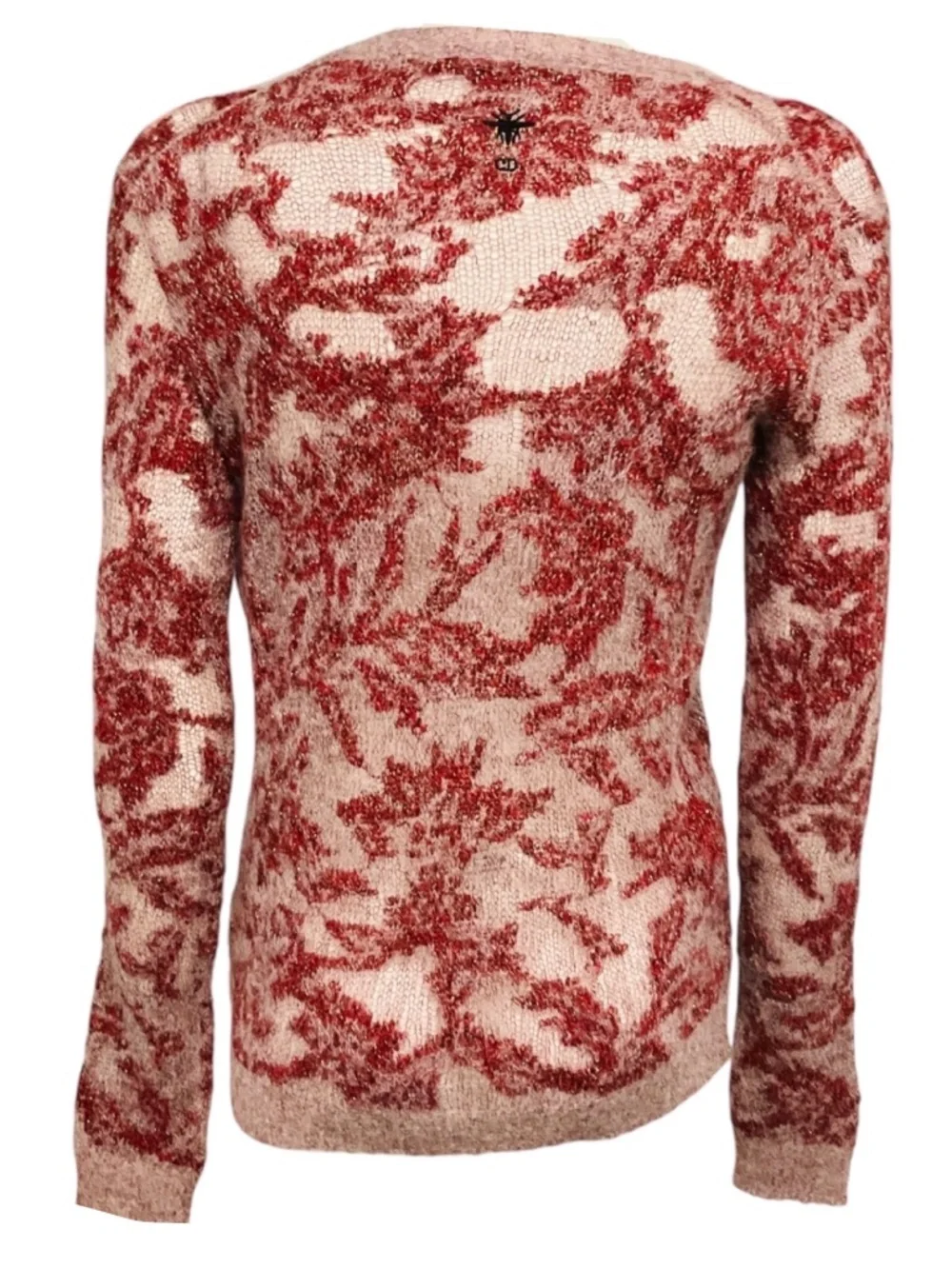 CHRISTIAN DIOR RED / PINK / GOLD METALLIC KNIT SWEATER WITH CD LOGO BEE EMBROIDE
